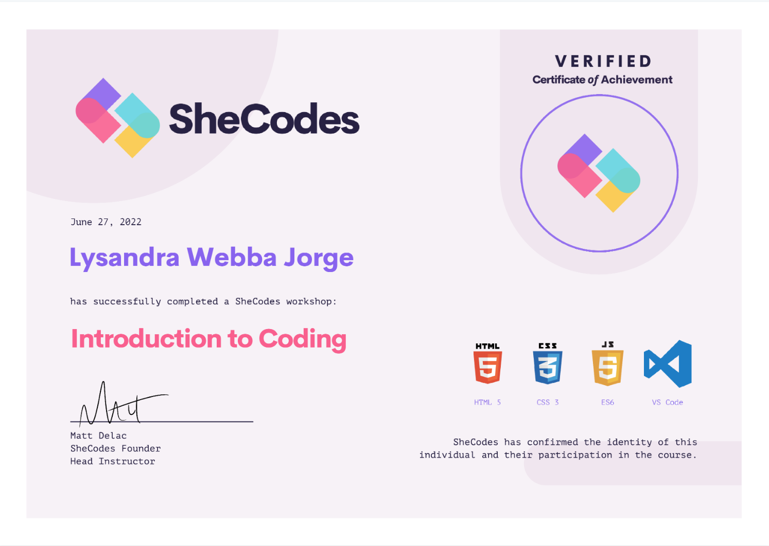 Intro to Coding Certificate